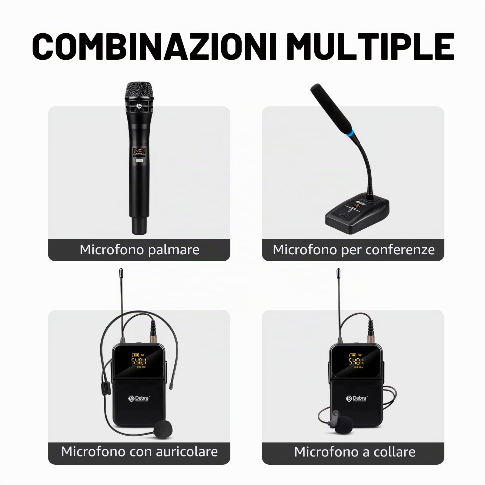 D Debra Audio Sistema di microfoni senza fili Pro DU4004 UHF 4 * 16 canali regolabili Microfoni auricolari lavalier palmari senza fili, ideali per riunioni Chiesa Discorso Festa (2 Palmare 2 Bodypack)
