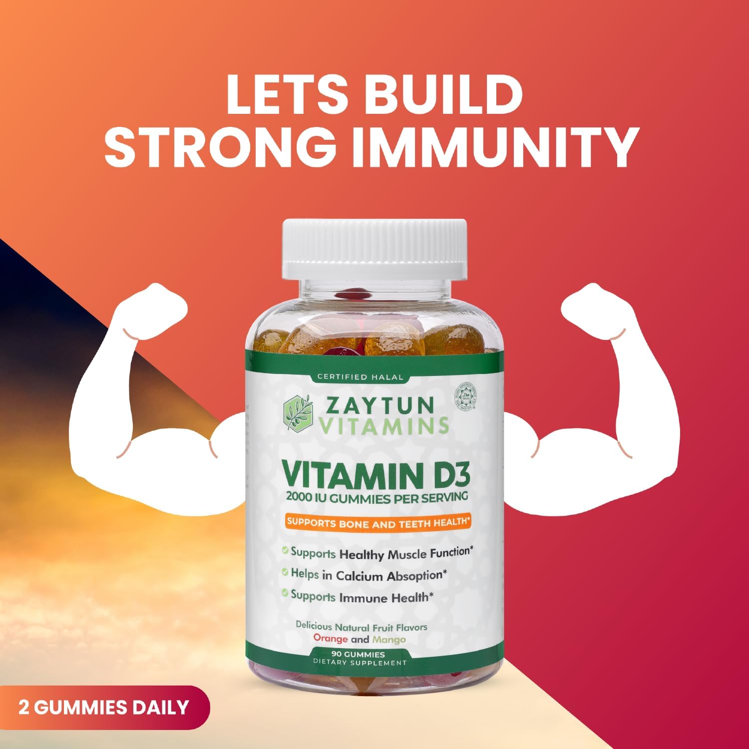 Zaytun Halal Vitamin D3 2000 IU Gummies, Supports Bone & Immune Health, Promotes Muscle Function, Gluten & Gelatin Free, (3-Pack) - Made in USA
