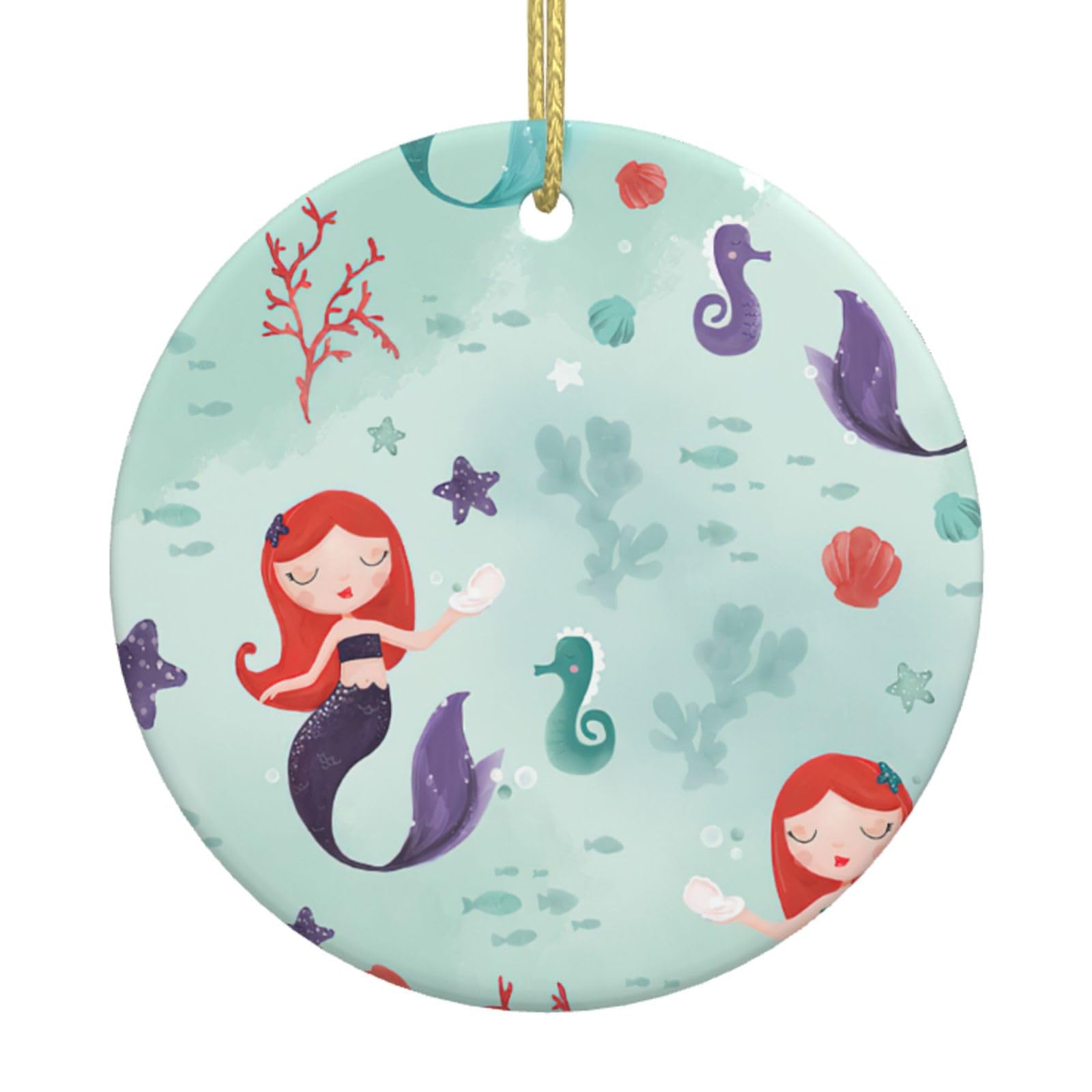 Beautiful Mermaid Print Christmas Ornaments, Ceramic Hanging Ornament, Round Shape Decorations