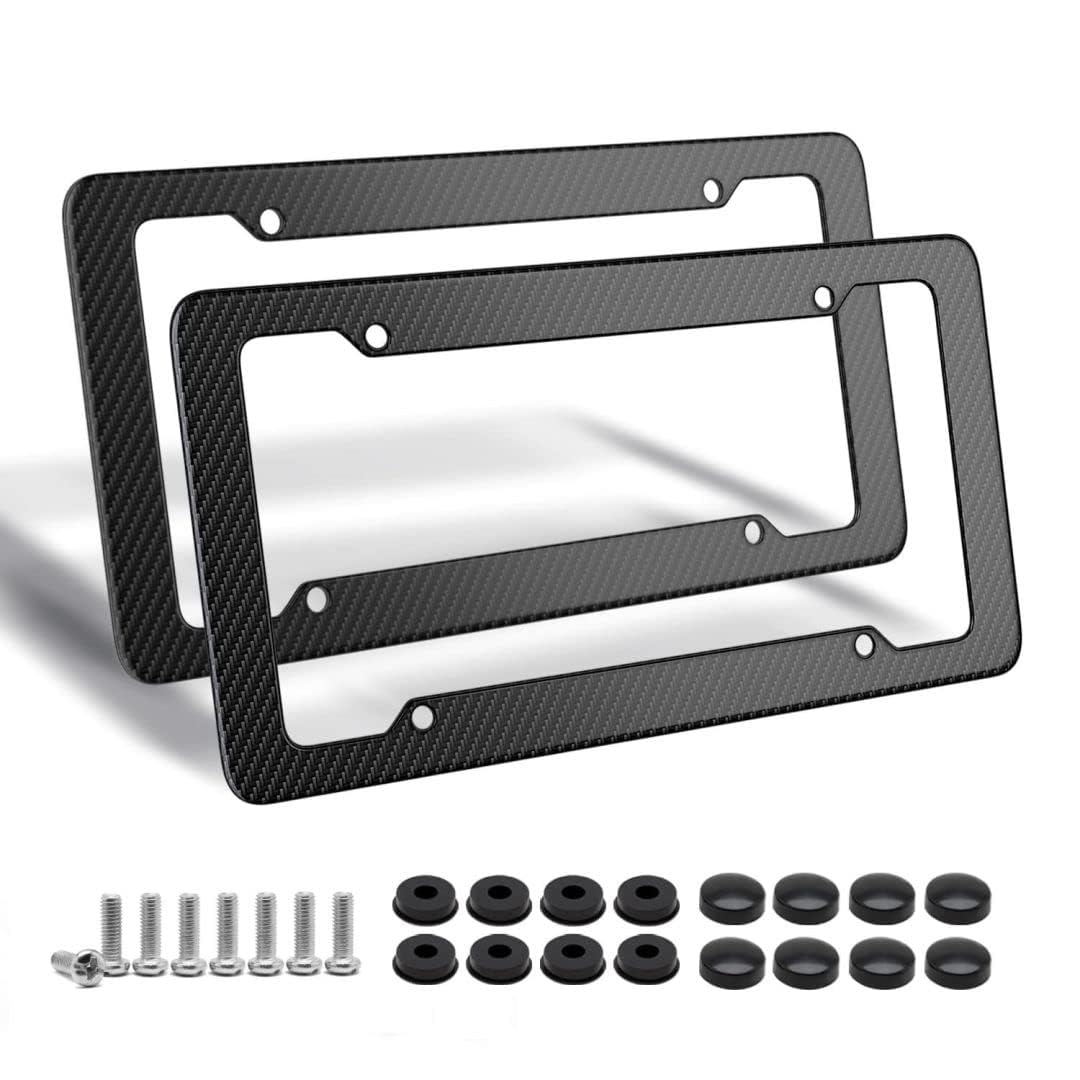 Carbon Fiber License Plate Frame, Glossy Waterproof Plastic Number Plate Frame Print Carbon Fiber Pattern for Man and Women (with Fasteners and Screws) 2 Pack