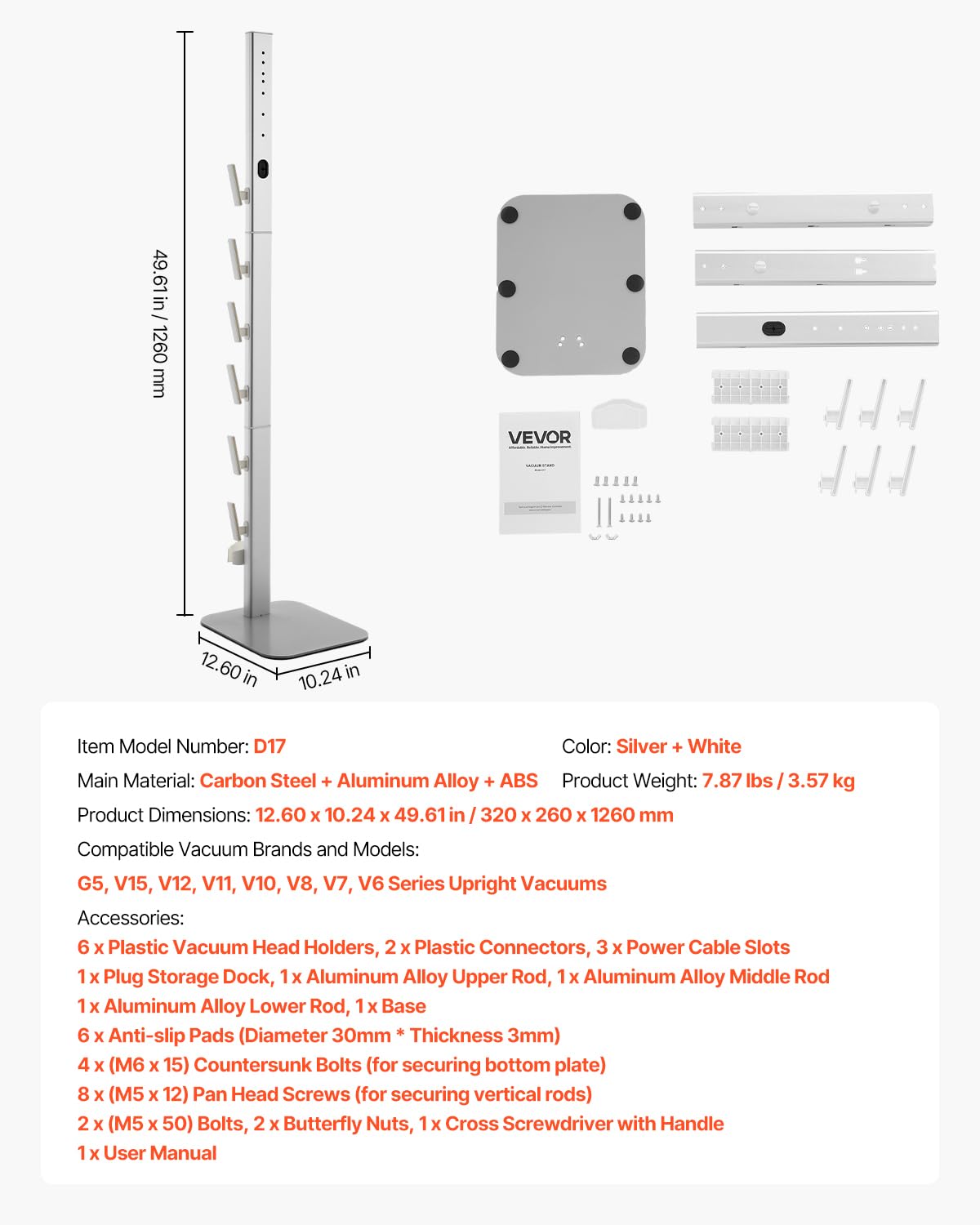 VEVOR Support d'Aspirateur pour Dyson G5, V15, V12, V11, V10, V8, V7, V6, Porte-aspirateur Vertical Rangement Stable avec Accessoires, 6 Crochets et Patins Antidérapants, pour Espaces Restreints, Gris