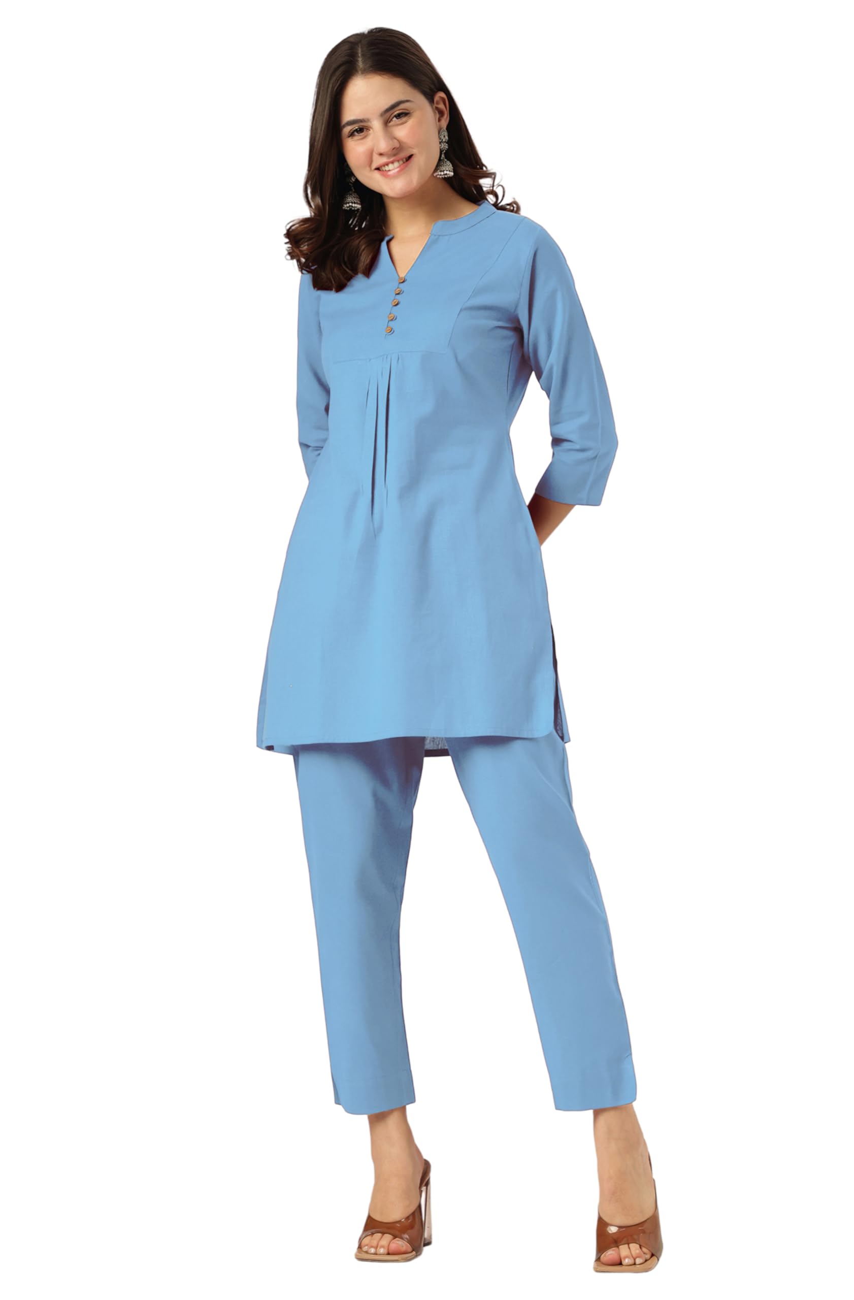 Janasya Women's Cotton Linen Solid A-line Co-ord Set in neutral