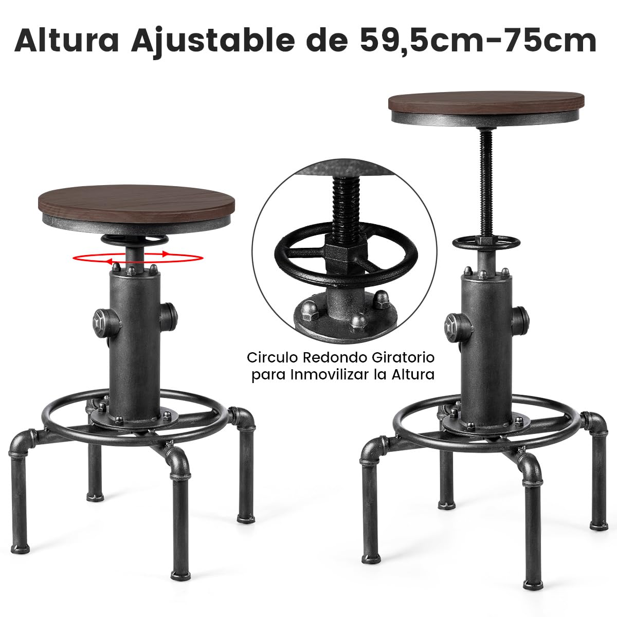 COSTWAY Taburete de Bar, Altura Ajustable 59,5-75cm, Silla Industrial Giratorio 360°de Asiento de Madera y Patas de Metal, Taburete Alto para Comedor Pub Cafeterías (Gris)