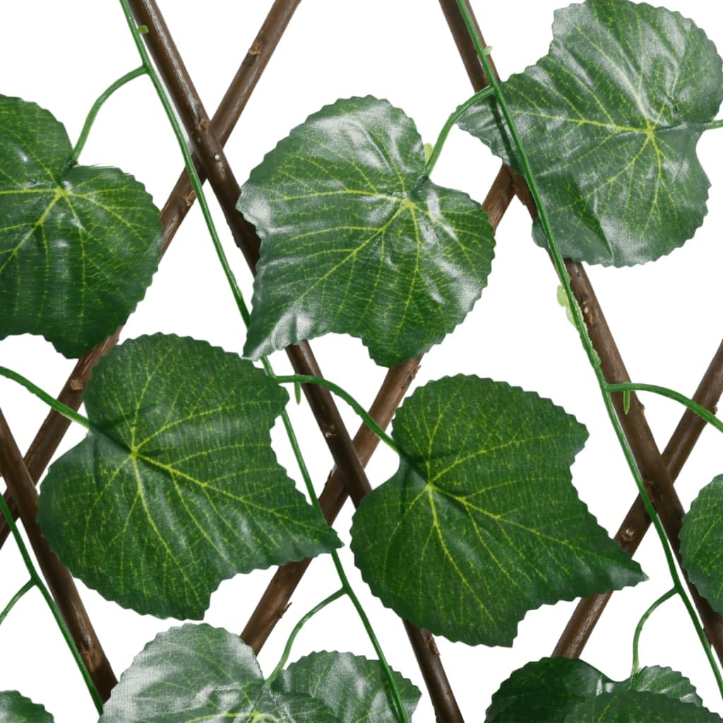 Treillis de Feuille de Vigne Artificiel Extensible 190x60 cm, Haie de Jardin Bois et PVC pour Brise-vue et Décoration Murale, Clôture Extérieure avec 130 Feuilles Vertes