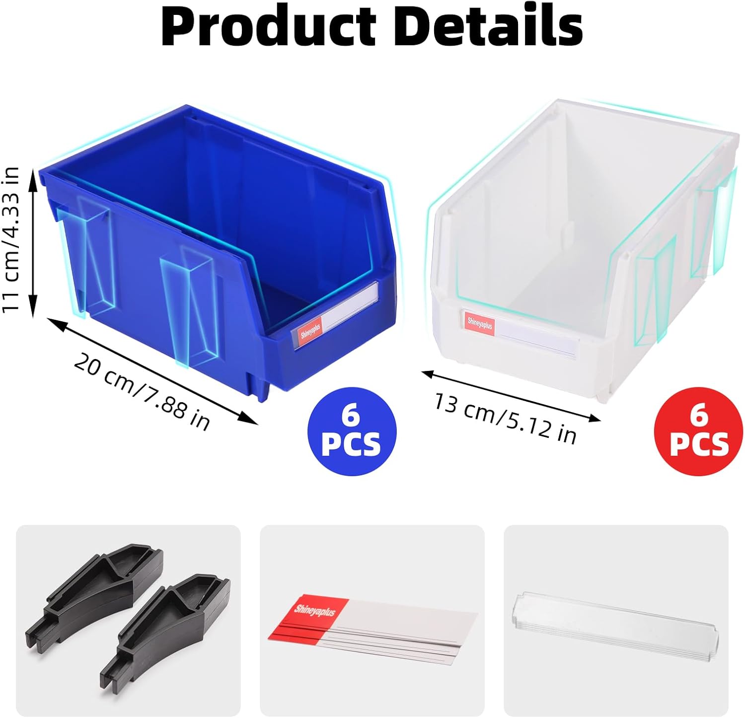 Stackable Storage Bins 12 Pack (7x5x4 Inch), Plastic Stackable Storage Organizer Bins Wall Mounted Hanging Small Parts Bin for Garage, Workbench & Office (Blue & White) - Image 2