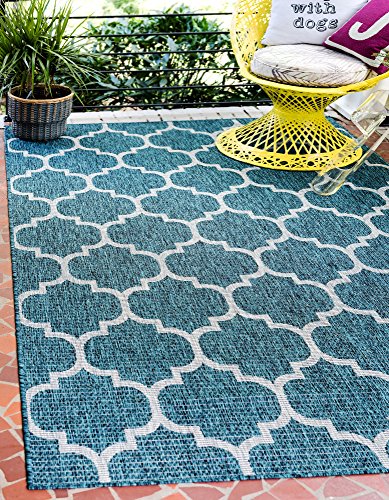 Unique Loom Outdoor Trellis Collection Area Rug in Teal and Gray