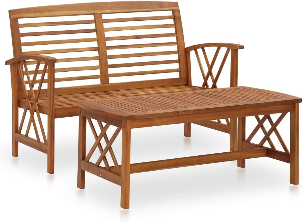 vidaXL Patio Furniture Set 2 Piece, Patio Bench Seat with Coffee Table, Wooden Dining Set for Garden Balcony Porch, Solid Acacia Wood