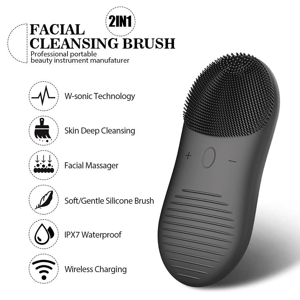 Sonic Facial Cleansing Brush,IPX7 Waterproof Silicone Face Scrubber Brush & Massager for Men-Women-Teens, USB Rechargeable, Super long standby, 12 Speeds optional(BLACK)) : Beauty & Personal Care