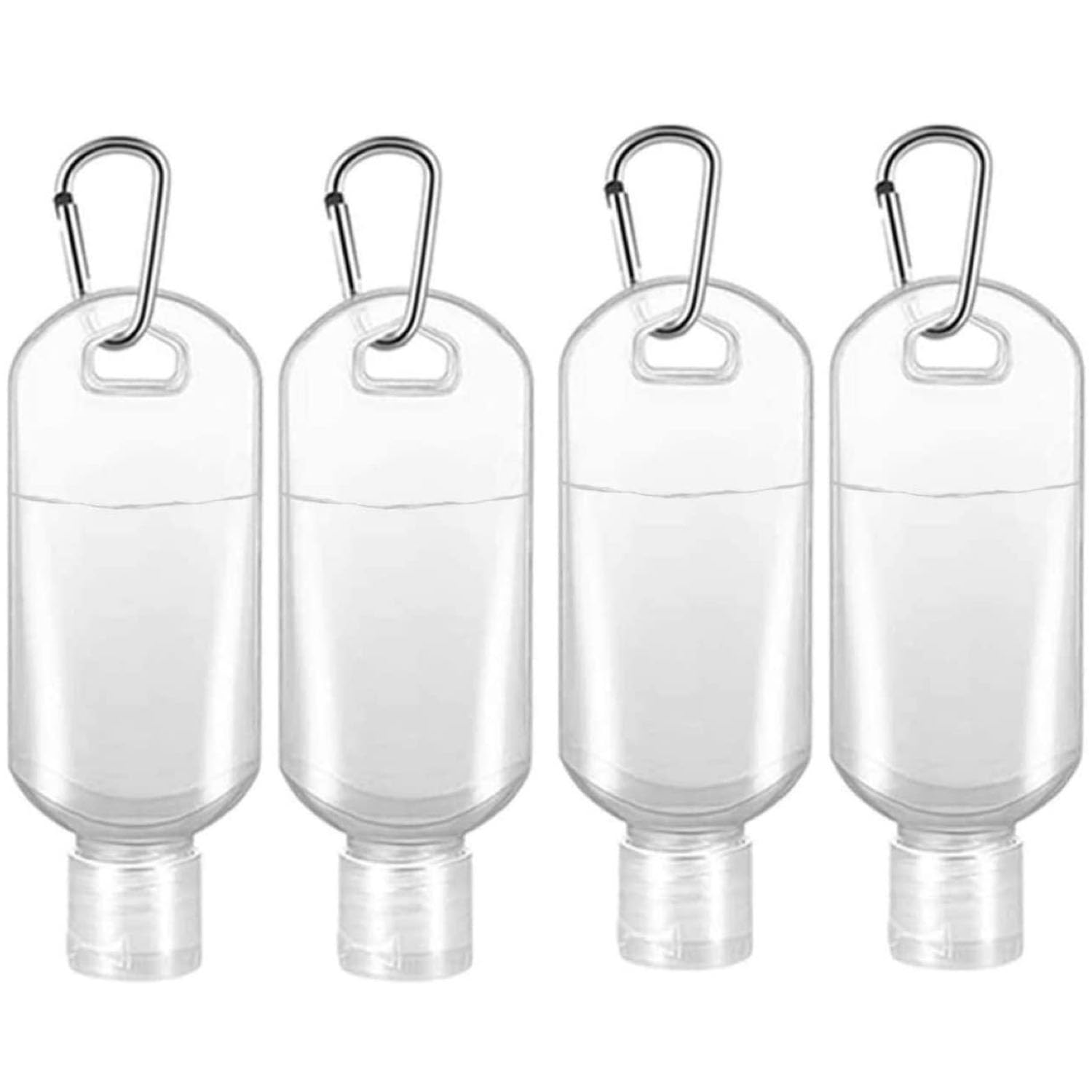 Flacone disinfettante per le mani con clip, 4 flaconi riutilizzabili per disinfettanti per le mani, 50 ml, con coperchio ribaltabile e moschettone
