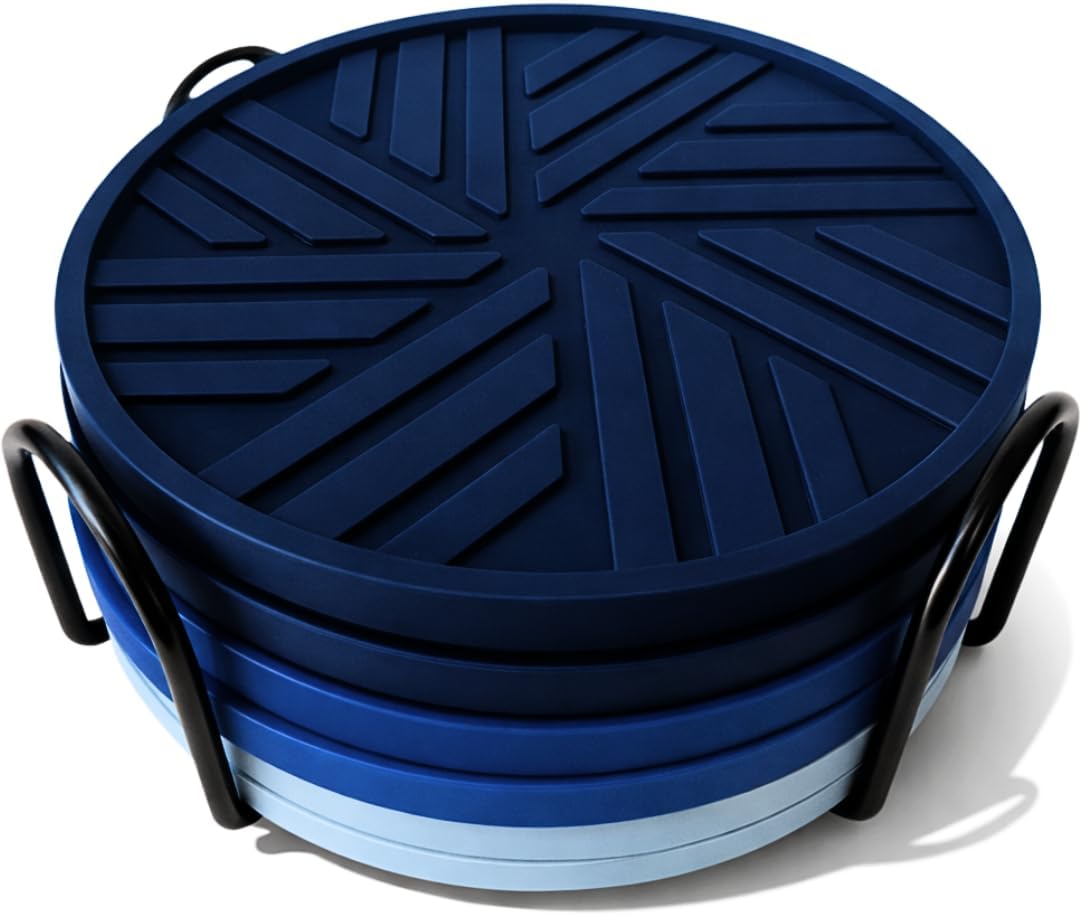 Silicone Coasters Set of 6 - with Holder - Modern Patterns Protecting Your Coffee Table, Navy/Blue
