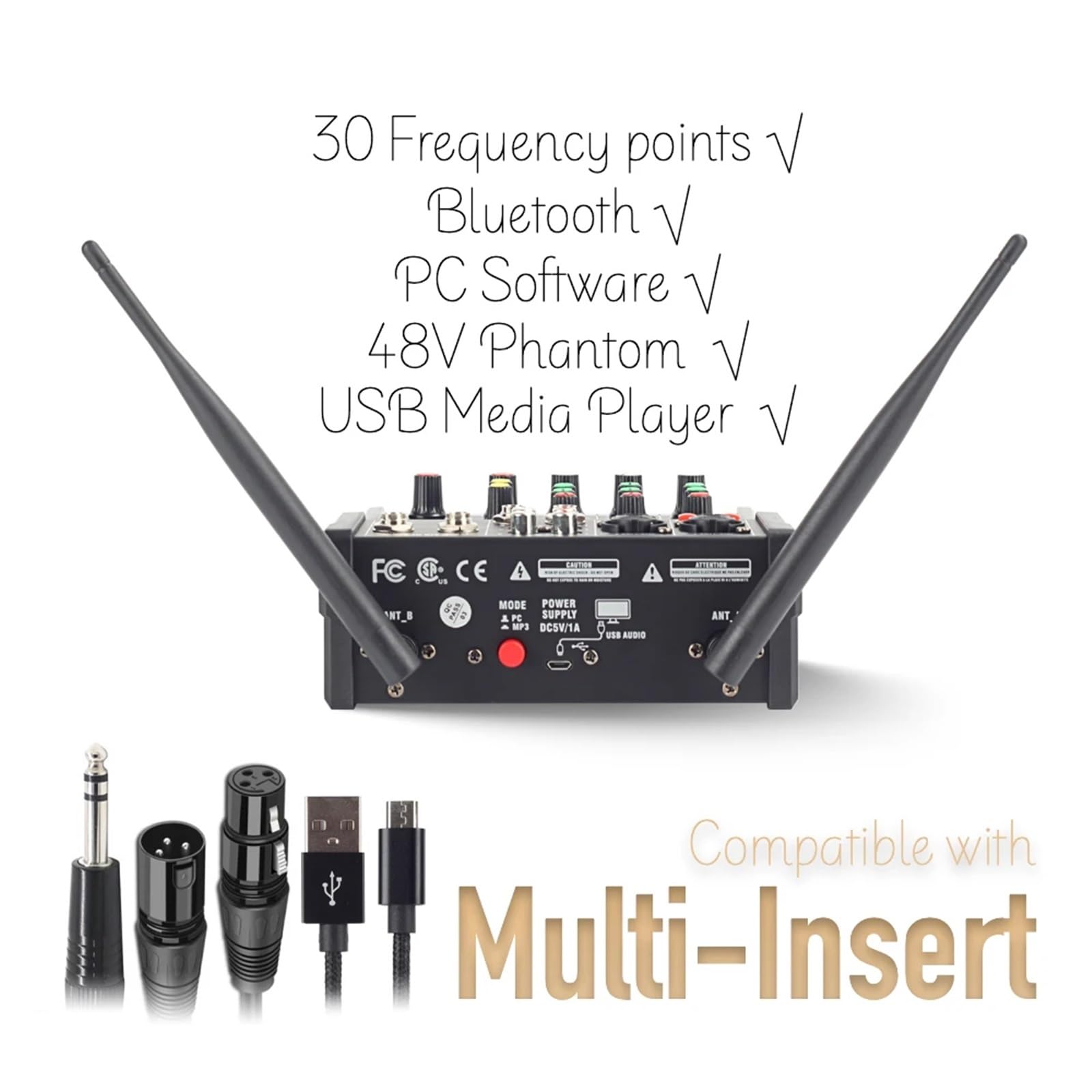 Kontroler DJ-ski, Czterokanałowy mikser audio dla DJ-ów z mikrofonem bezprzewodowym UHF, USB i zasilaniem Phantom 48 V. Odpowiednie nagranie