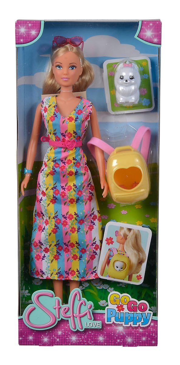 Simba 105733533 - Steffi Love GoGo Puppy, Dressing Doll in a Colourful Dress with Cool Dog Backpack and Dog, Doll 29 cm, from 3 Years