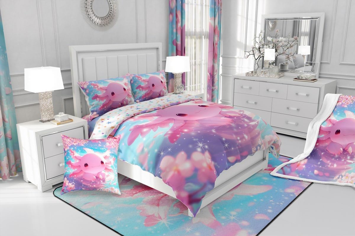 Feelyou Cartoon Axolotl Kids Comforter Set Full Size,Cute Pink Salamander Bedding Set,Girls Boys Women Room Decor,Ocean Animals Down Comforter,Pink Cherry Blossom Duvet Insert,2 Pillow