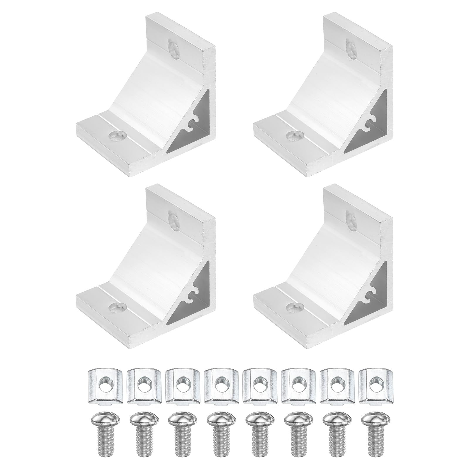 sourcing map 4Set 90 Degree Angle Corner Brackets, 5050 Series Aluminum Extrusion Profile Accessories, Corner Brace Joint Connectors with Mounting Screws and Nuts, Silver, 53mm x 53mm x 46mm