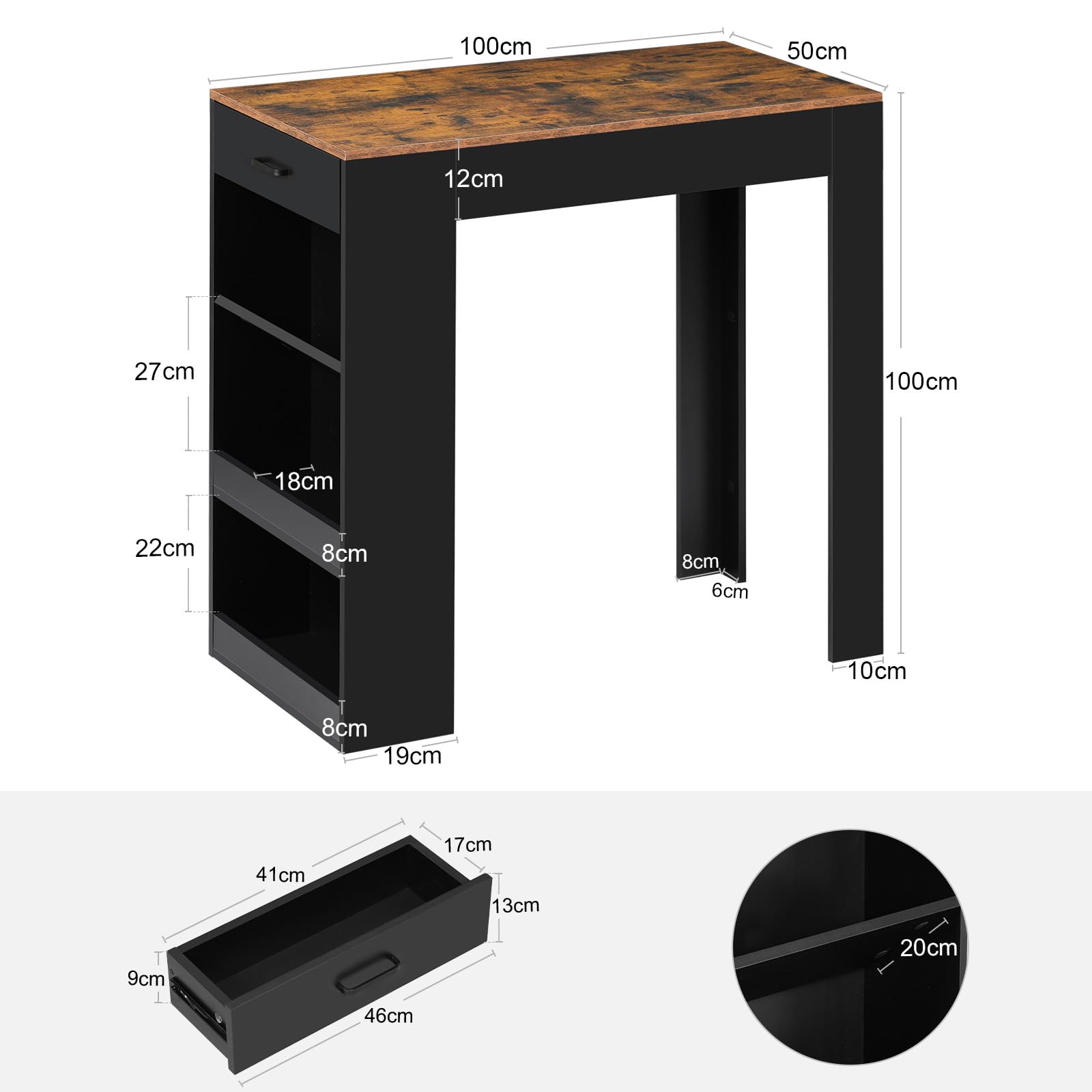 WOLTU Tavolo da Bar, Bancone da Bar con 1 Cassetto e 3 Ripiani, Tavolo Penisola per Cucina, Pub, Bistrot, Legno Ingegnerizzato (Senza assi di legno, Rustico + Nero, 100 x 50 x100 cm)