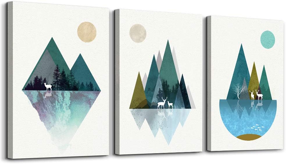 Sunrise and sunset Canvas Wall Art Paintings Blue Abstract Geometry Pictures，bathroom Wall decor Living Room Bedroom posters Artworks,3 Panels Watercolor painting office Wall Decoration 12x16 inch