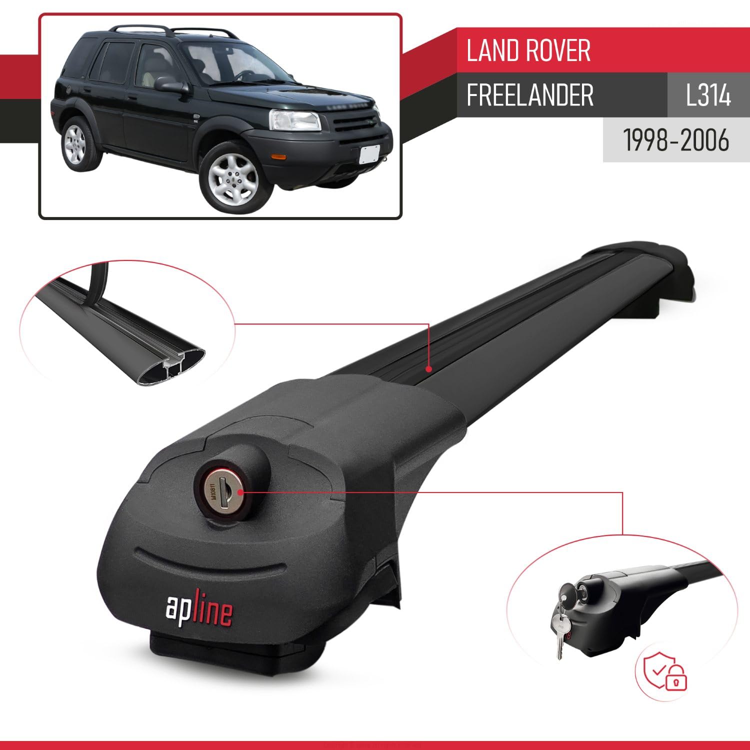 Compatibile con Land Rover Freelander (L314) 1998-2006 Modello ACE-1 Barre Tetto Portapacchi Auto Barre Portatutto Nero Alluminio 2 Barre