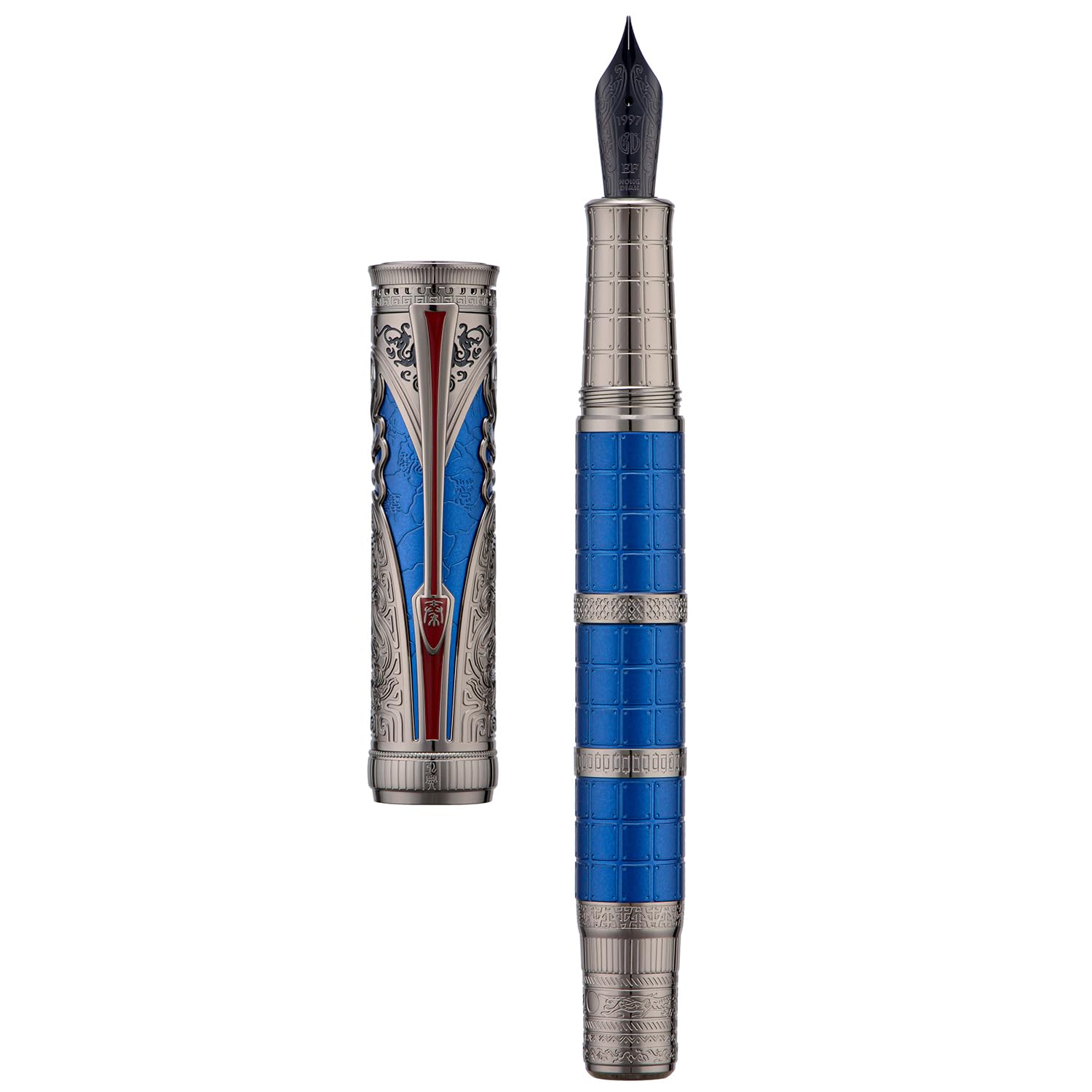 Hongdian D5X Fountain Pen Blue Color Extra Fine Nib, Qin Dynasty Retro Chinese Totem Engraving Smooth Writing Pen with Converter and Pen Box Set