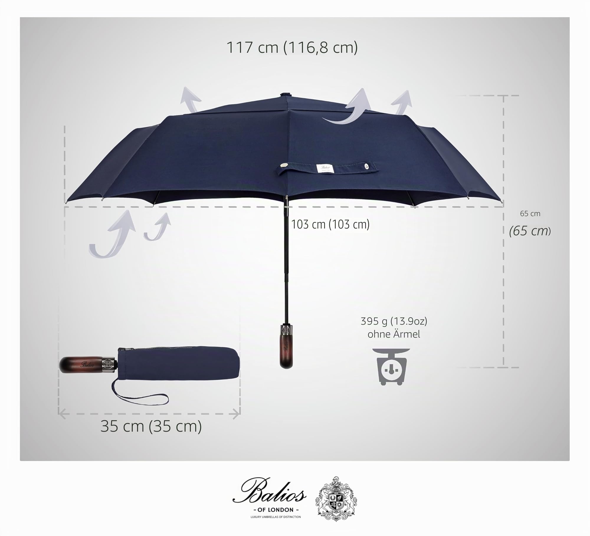 Balios® Regenschirm Mit Echtem Holzgriff -Optional | Auf Zu Automatik | Sturmfest & Windsicher | Taschenschirm Für Herren & Damen (Designed in Britain) (Dunkles Marineblau)