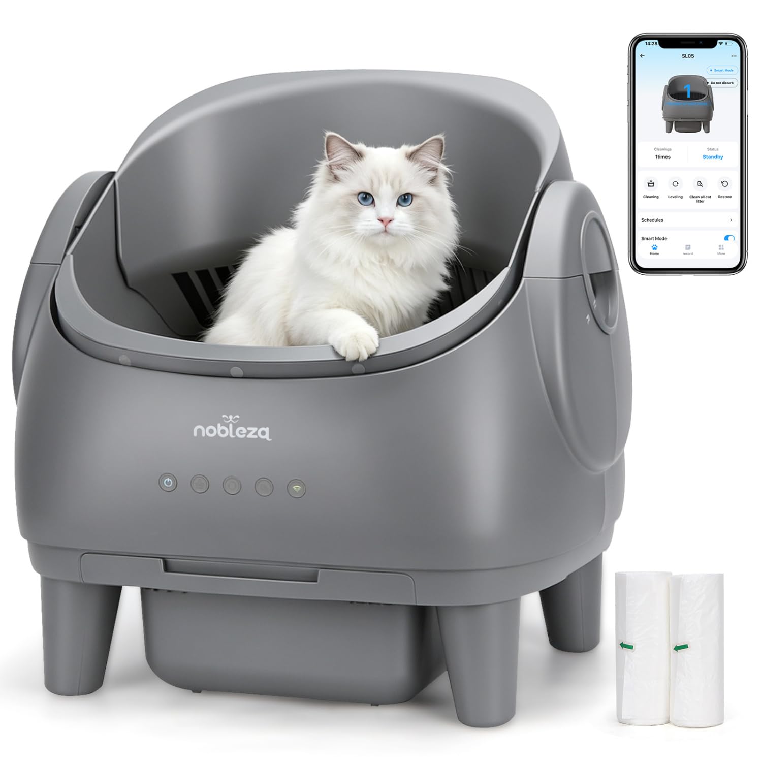Nobleza Arenero Gatos Autolimpiable Abierto - Arenero Automático Inteligente con Control por App, Multi-Sensores de Seguridad, para Gatos 1-15kg, Incluye Bolsas y Desodorantes, Gris