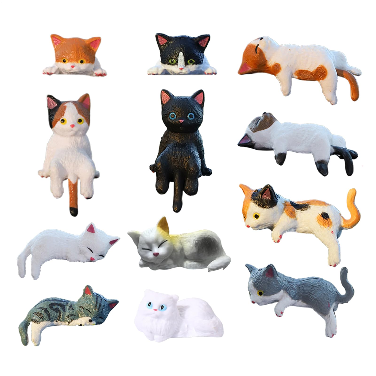 12pcs Mini Cat Figurines, Cute Car Dashboard Decorations & Desk Decoration, Funny Resin Pussy Figure Rearview Mirror Ornament for Women Girl, Cat Lovers, Home, Office, Desk Decorations