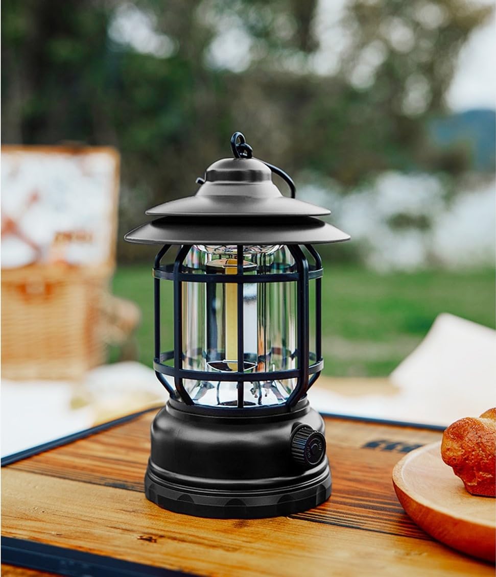 2-pak ładowalnych lampionów kempingowych, przenośna lampa namiotowa LED z bezstopniowym przyciemnianiem, wodoodporna konstrukcja vintage, oświetlenie 360°, szybkie ładowanie USB-C, dekoracja