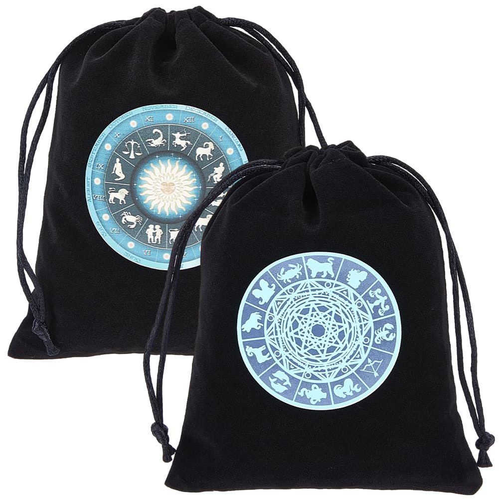 CREATCABIN 2Pcs Tarot Cards Bags Velvet Drawstrings Bags Dice Tarot Cards Holder Pouches Black The Zodiac Tarot Jewelry Storage Bag Wrap for Enthusiasts Crystals Dices Witchcraft 5x6Inch