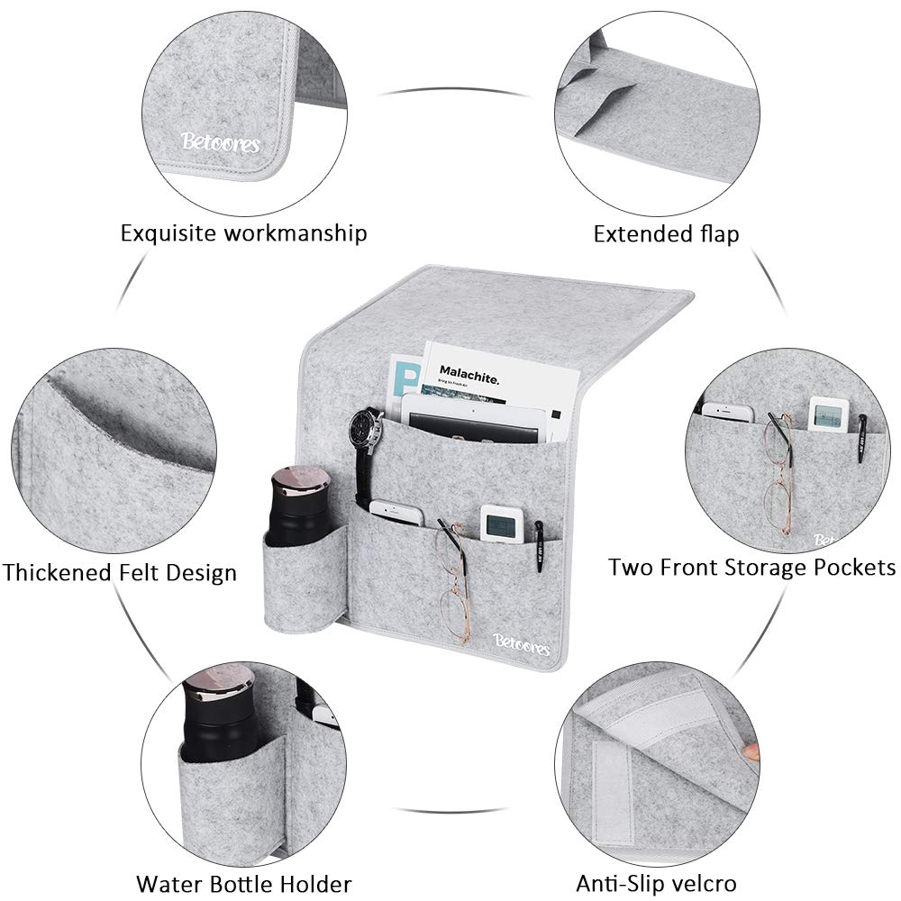 Organizer Da Letto In Feltro Betoores - Tasca Per Telecomando, Cellulare, Occhiali, Grigio - Foto 5