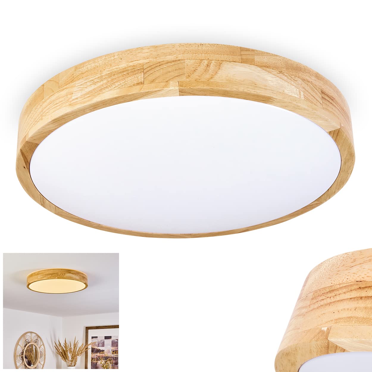 LED Ceiling lamp Samaira, Ceiling lamp Made of Wood/Metal/Plastic in Natural Colour/White, (Γ 39 cm), 1 x LED 22 Watt, 2200 Lumen, 3000K