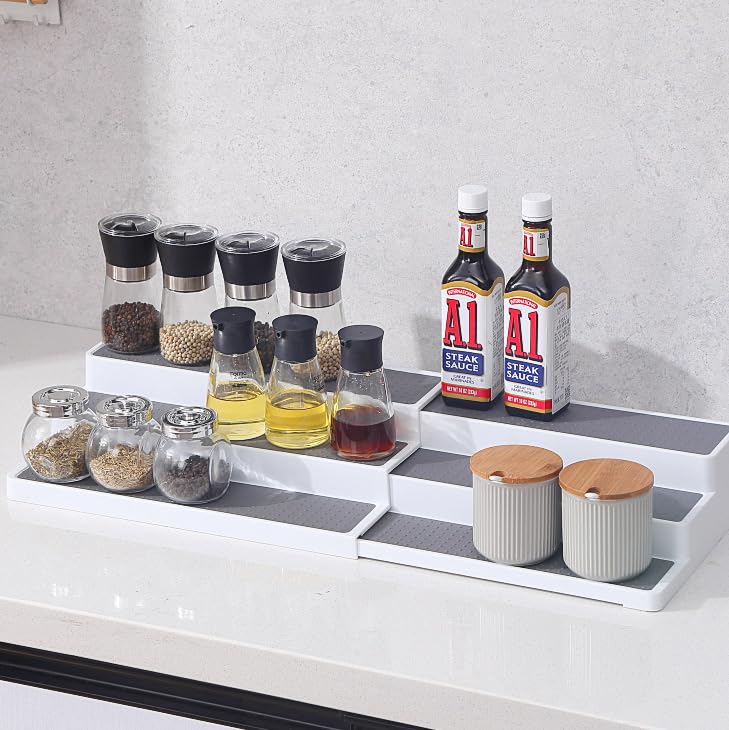 LOVEQI Spice Rack, Non-Skid 3-Tier Spice Rack Organizer, 14.5" to 26" Expandable Step Shelf Organizer for Kitchen Pantry Cabinet Countertop