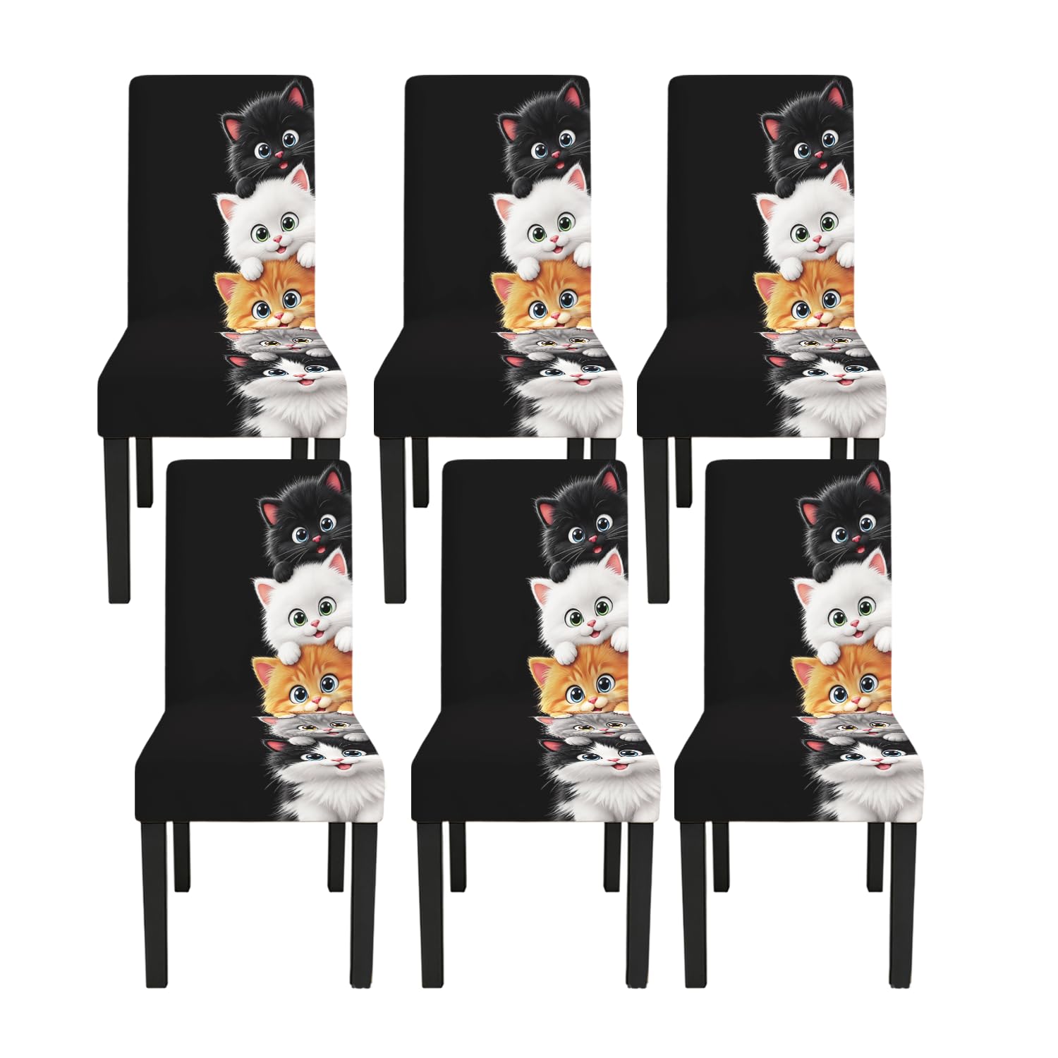 6 Pack Stretch Chair Covers, Cute Cat Black Dining Slipcovers