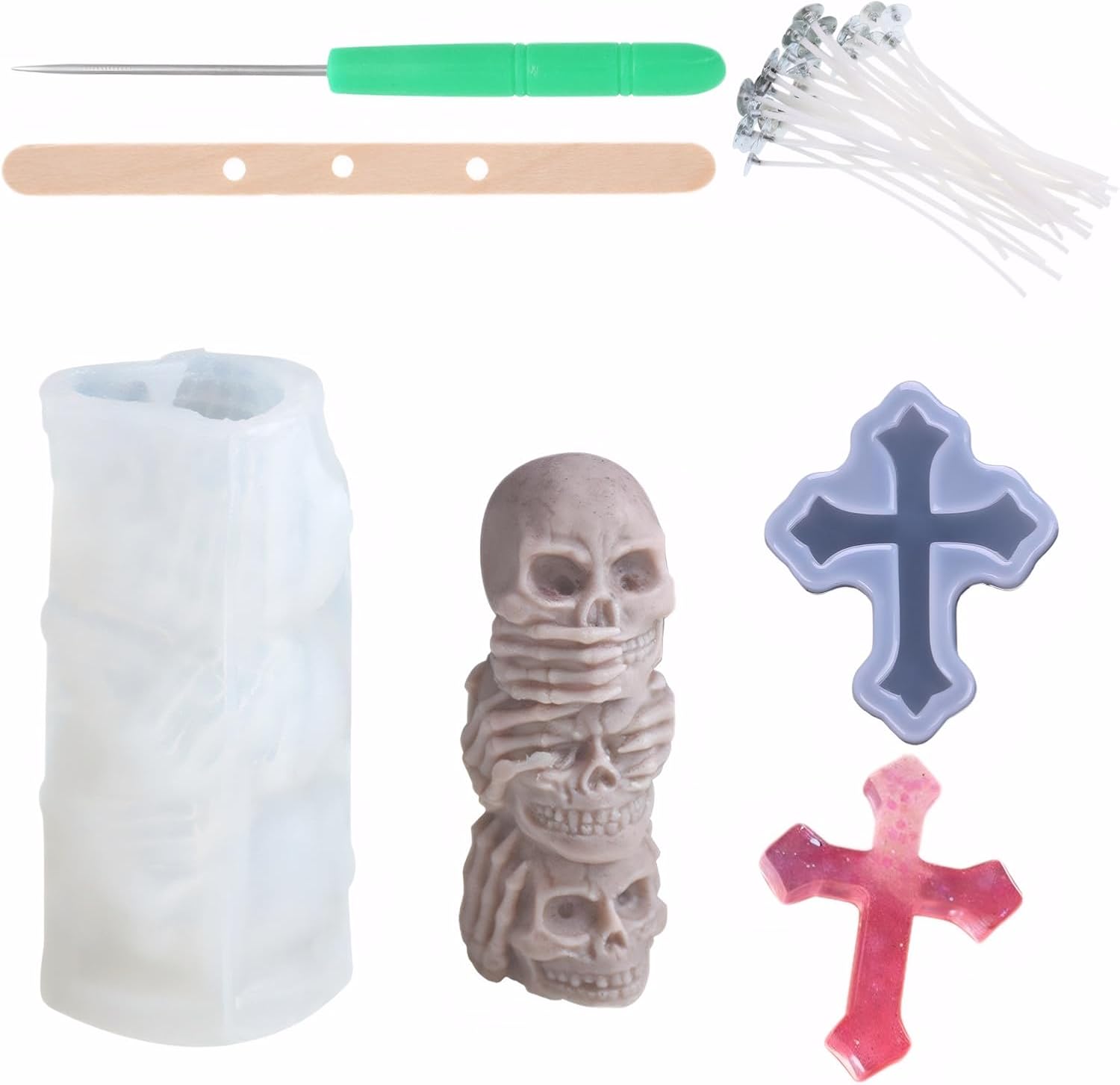 2 Pack Halloween Cross Skeleton Skull Silicone Candle Molds Silicone Resin Molds for DIY Cake Candy Wax Chocolate Soap Concrete Candle Molds Making Kit with Wick Holder Candle Wick Cross Skull