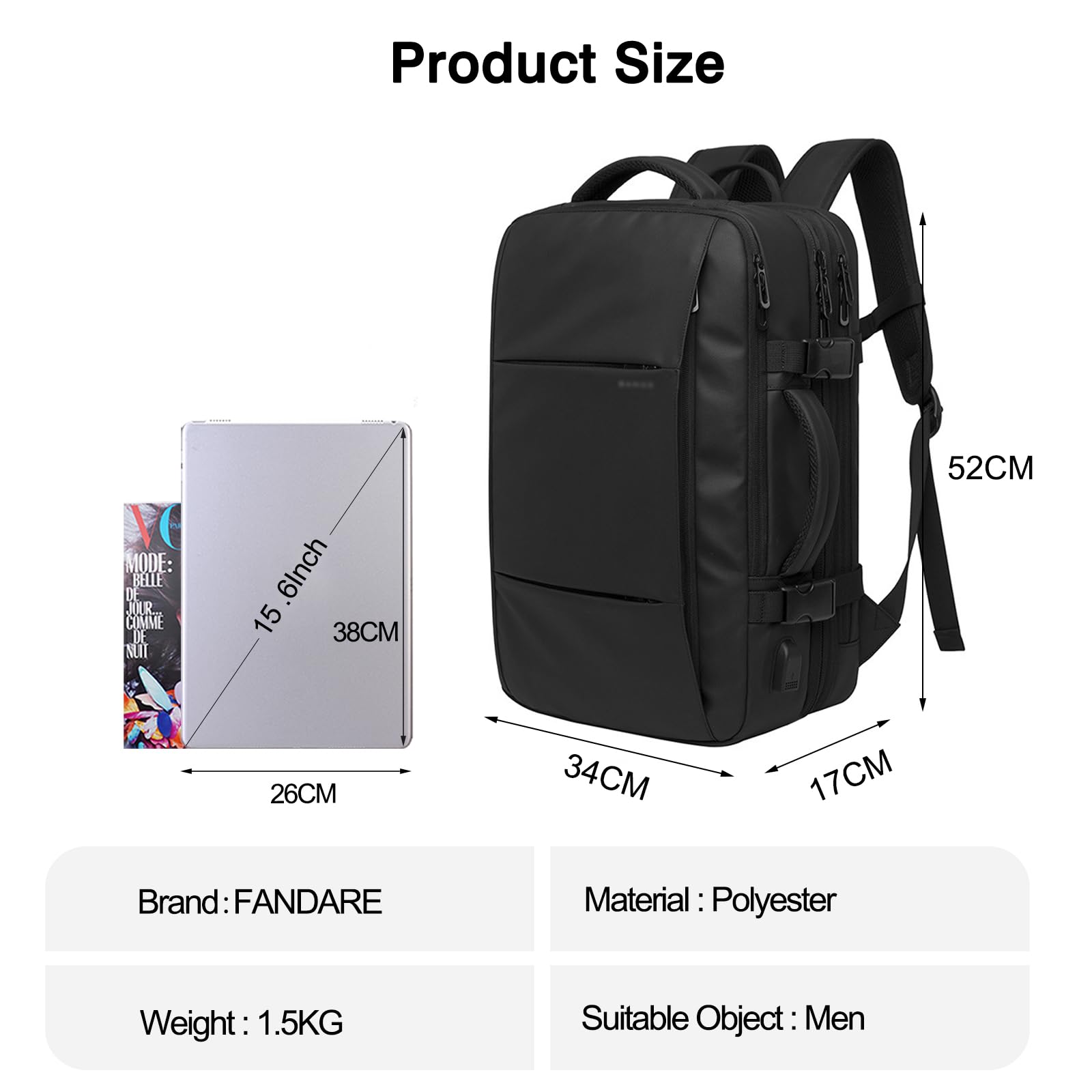 FANDARE Mochila Hombre Mochila Portatil 17 Pulgadas Mochila Impermeable Mochila de Senderismo Mochila con Puerto de Carga USB Bolsos Bandolera para Negocio Trabajo Viaje Escolares Mochila Negro