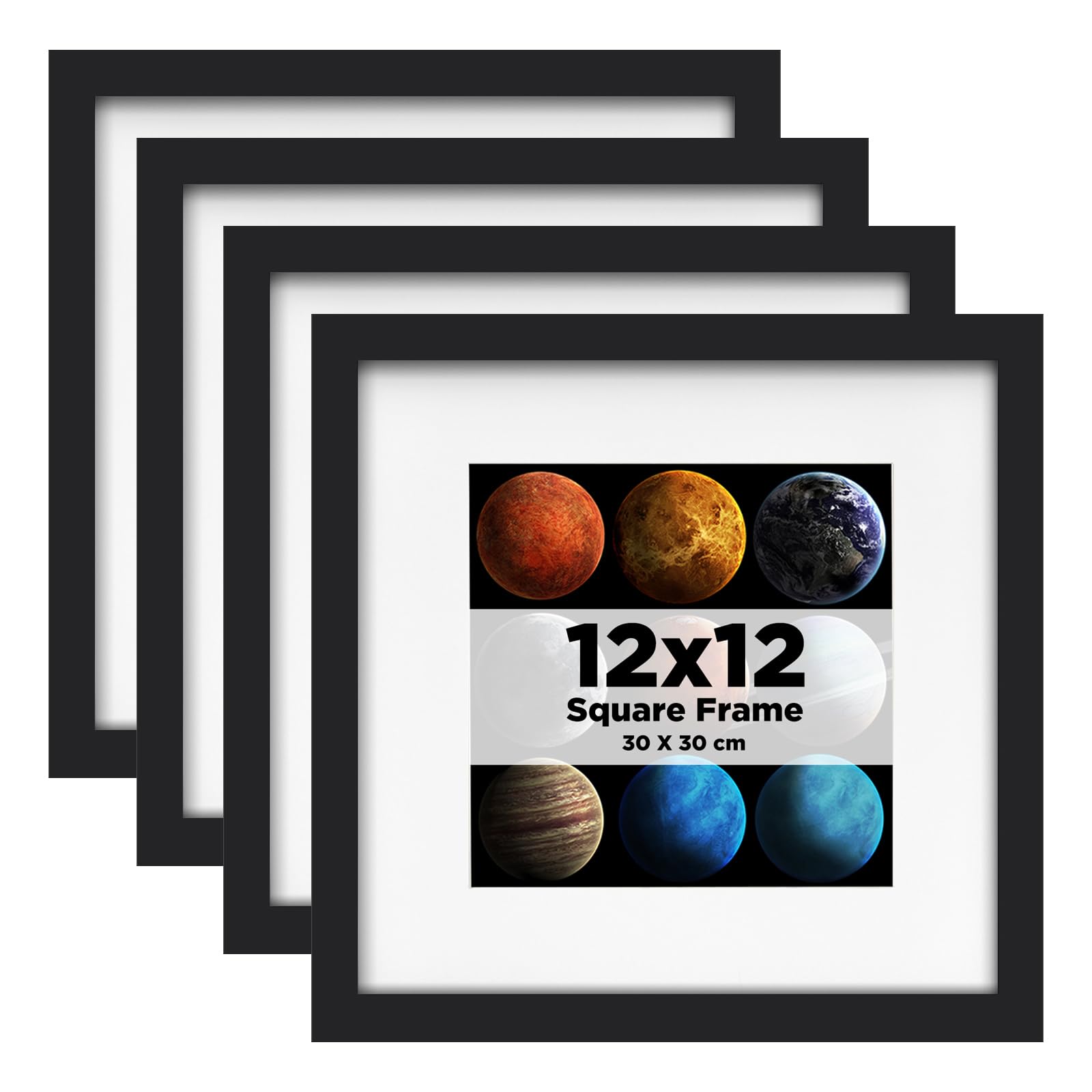 Egofine Black 12X12 Photo Frames Set Of 4, Wood Picture Frames With Plexiglass For Photos 8X8 With Mat Or 12X12 Without Mat, Wall Mounting Display