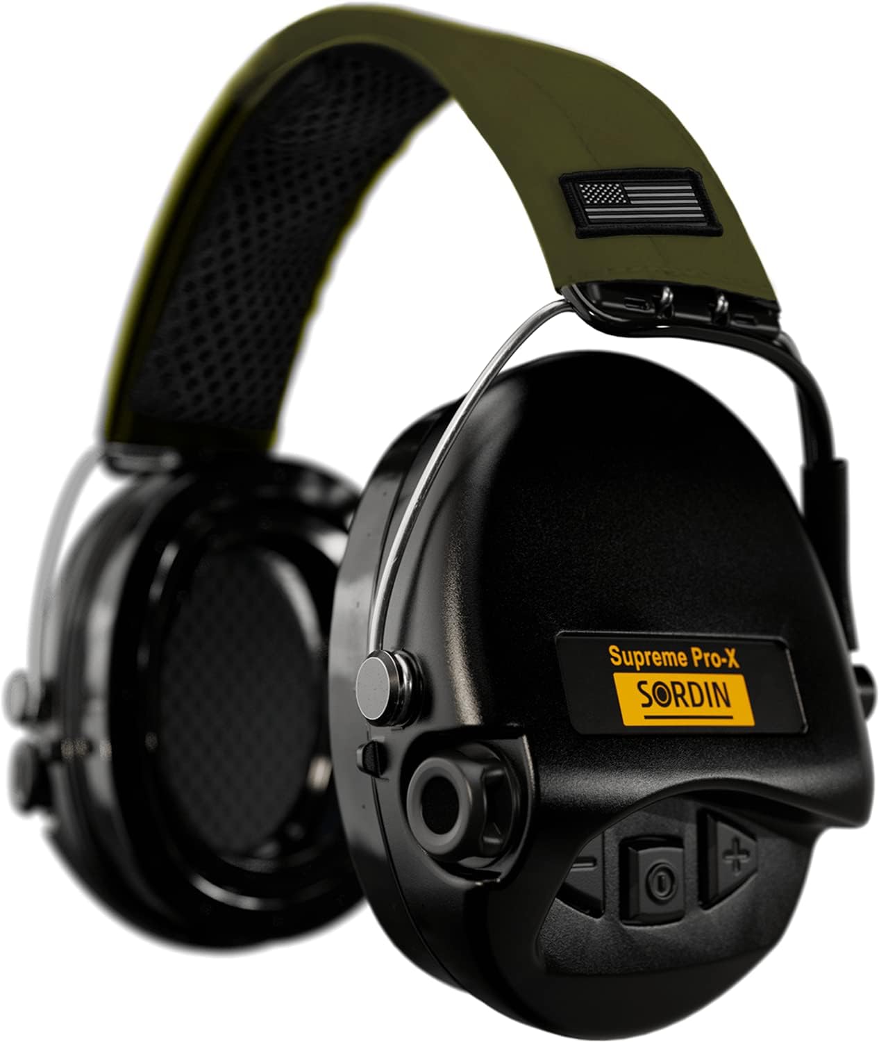 Sordin Supreme Pro-X Ear Defenders for Hunting & Shooting - Active & Electronic - US Headband & Gel Kits - Green Headband, Black Cups