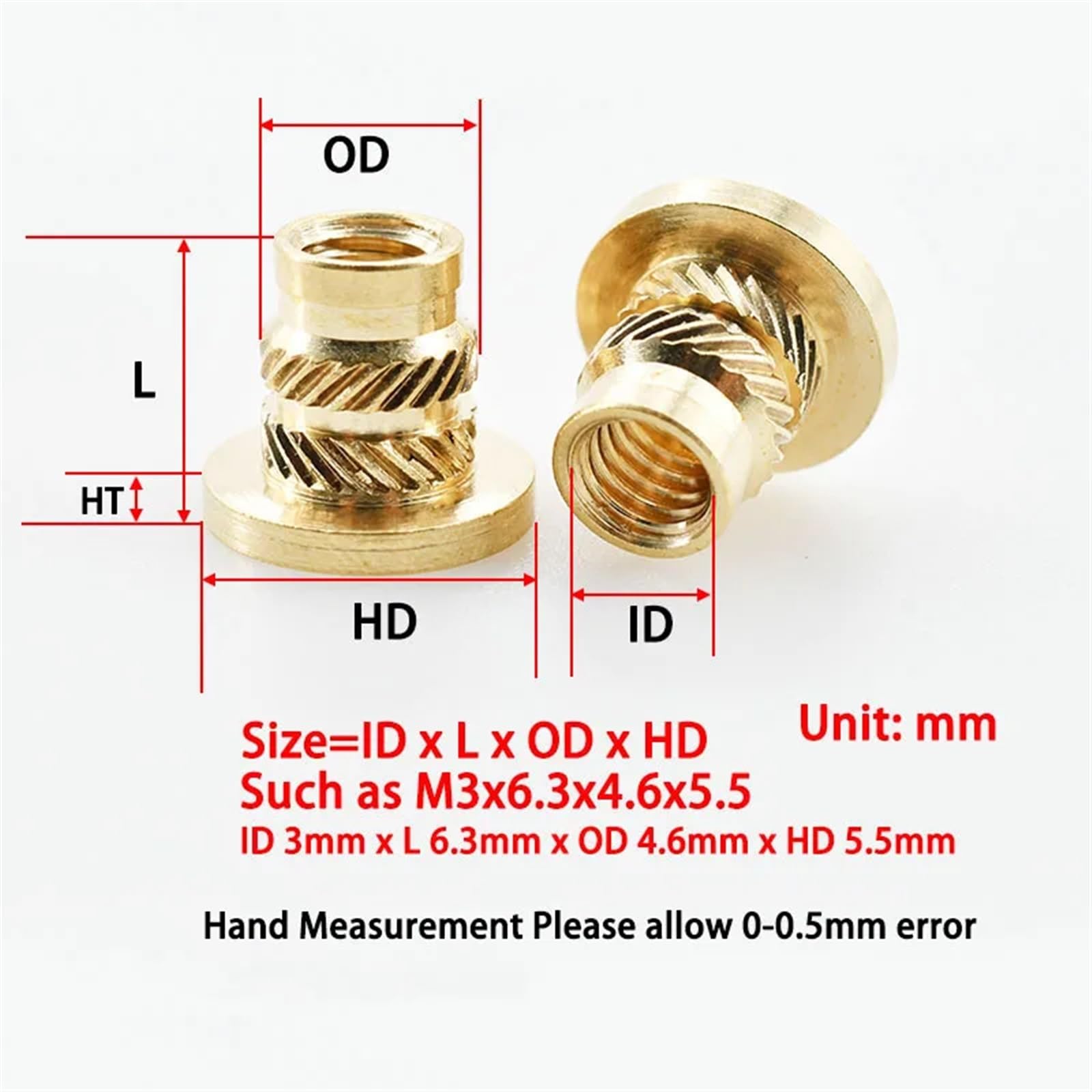 M2 M3 M4 M5 M6 M8 Ottone Hot Melt Inserto Flangiato Zigrinato Dado Filettatura Riscaldamento Formatura Inserto a Iniezione T-Nut Elettricità (Color : M5xL6.9xOD7.1, Size : 20Pcs)