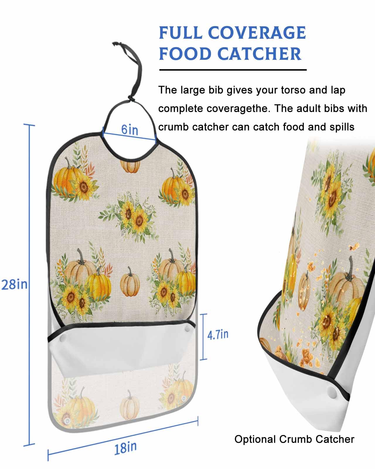 LEOKOTI Fall Pumpkins Adult Bibs for Eating, Waterproof Bibs with Food Catcher & Adjustable Snap Closure, Thanksgiving Botanical Sunflowers Rustic Washable Clothing Protectors Adult Bibs for Elderly