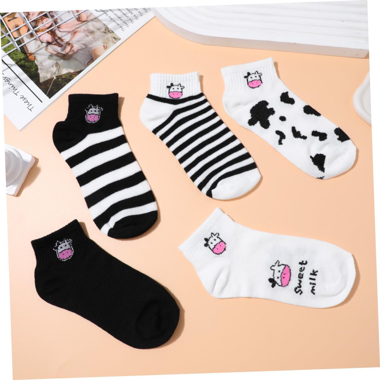 VANZACK 5 Pares Calcetines Cortos Mujer de Algodón Transpirable con Estampado de Vaca Diseño Divertido para y Verano Calcetines Tobilleros Cómodos y