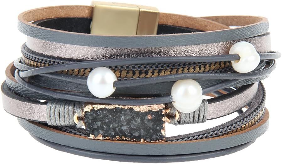 GelConnie Leather Cuff Bracelet Baroque Pearl Wrap Bracelet Gorgeous Gold Tube Bangle Boho Bracelet Bohemian Wristband Jewelry Gift for Women Wife