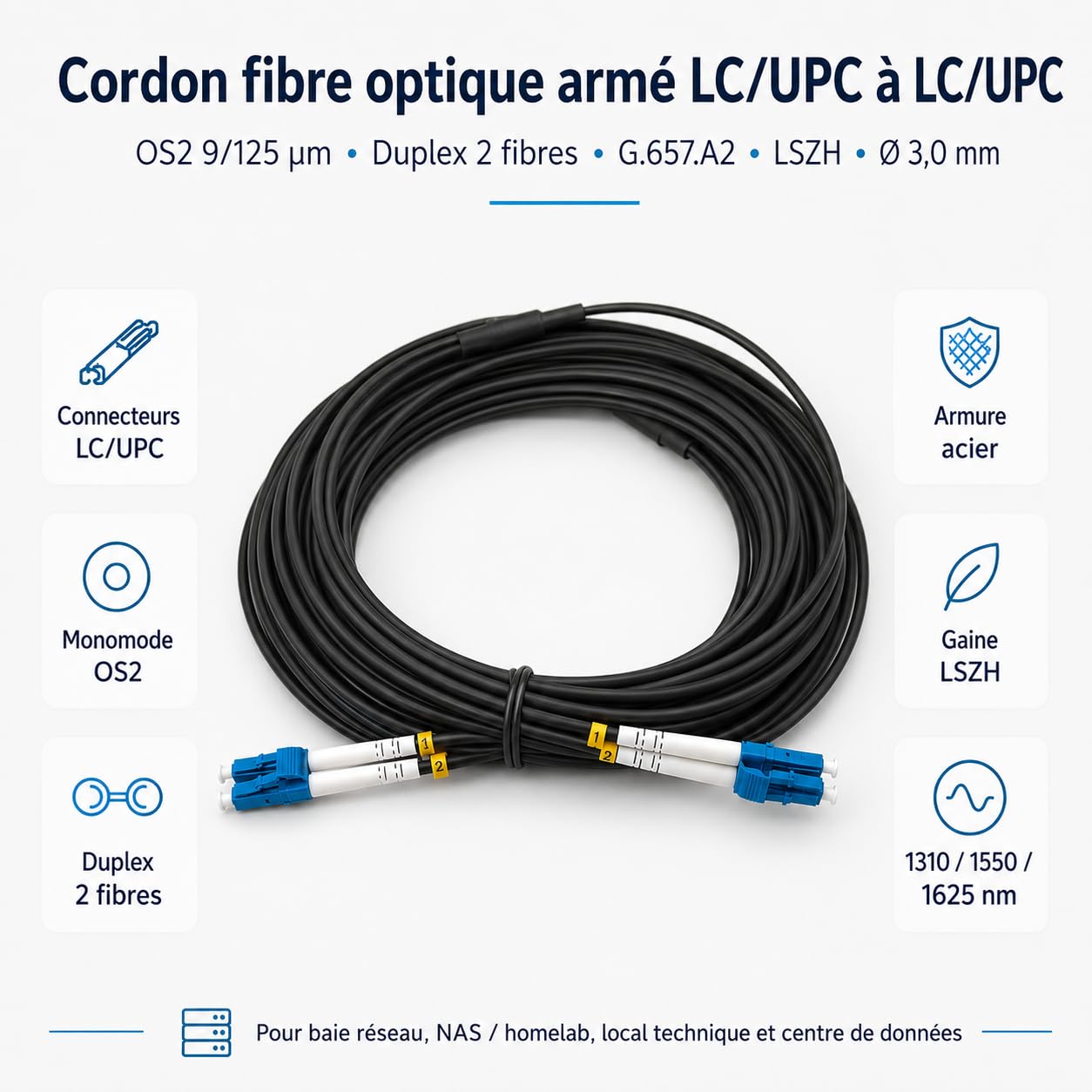Câble Fibre Optique Armé 70m Blindé en Acier pour Intérieur et Extérieur, LC/UPC vers LC/UPC, OS2 Duplex Monomode 9/125 µm, G.657.A2, LSZH RoHS, Faible Perte, Noir