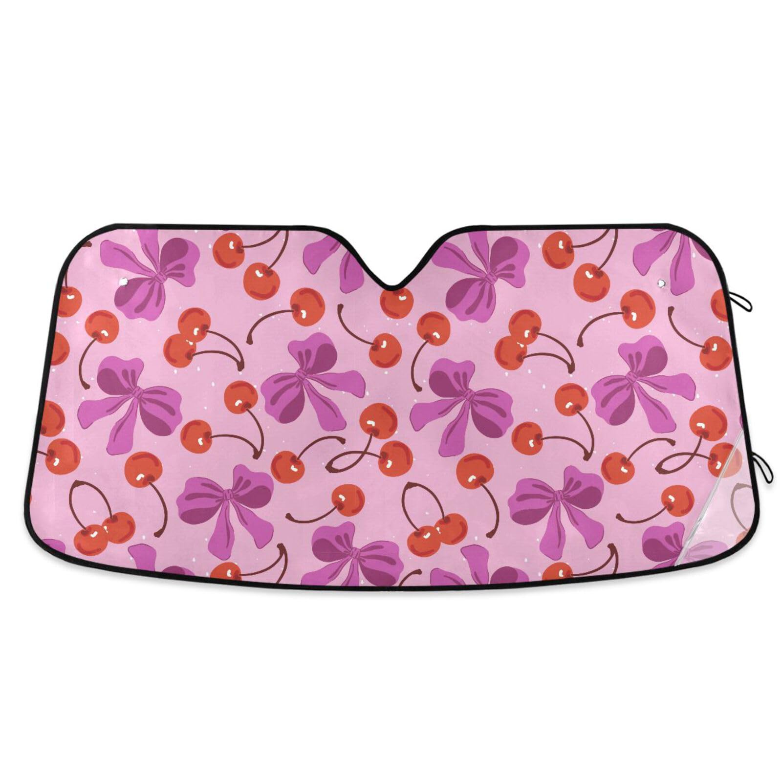 Dussdil Cherries Purple Ribbon Bow Car Windshield Sunshades Sun Shade Reflective UV Rays Protector Keep Your Vehicle Cool Visor Cover Foldable for Car Truck SUV Front Window 57X32 inch