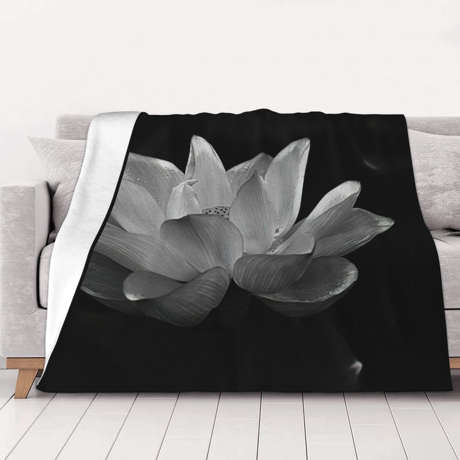Couverture flanelle noire et blanche : plaid floral doux canapé