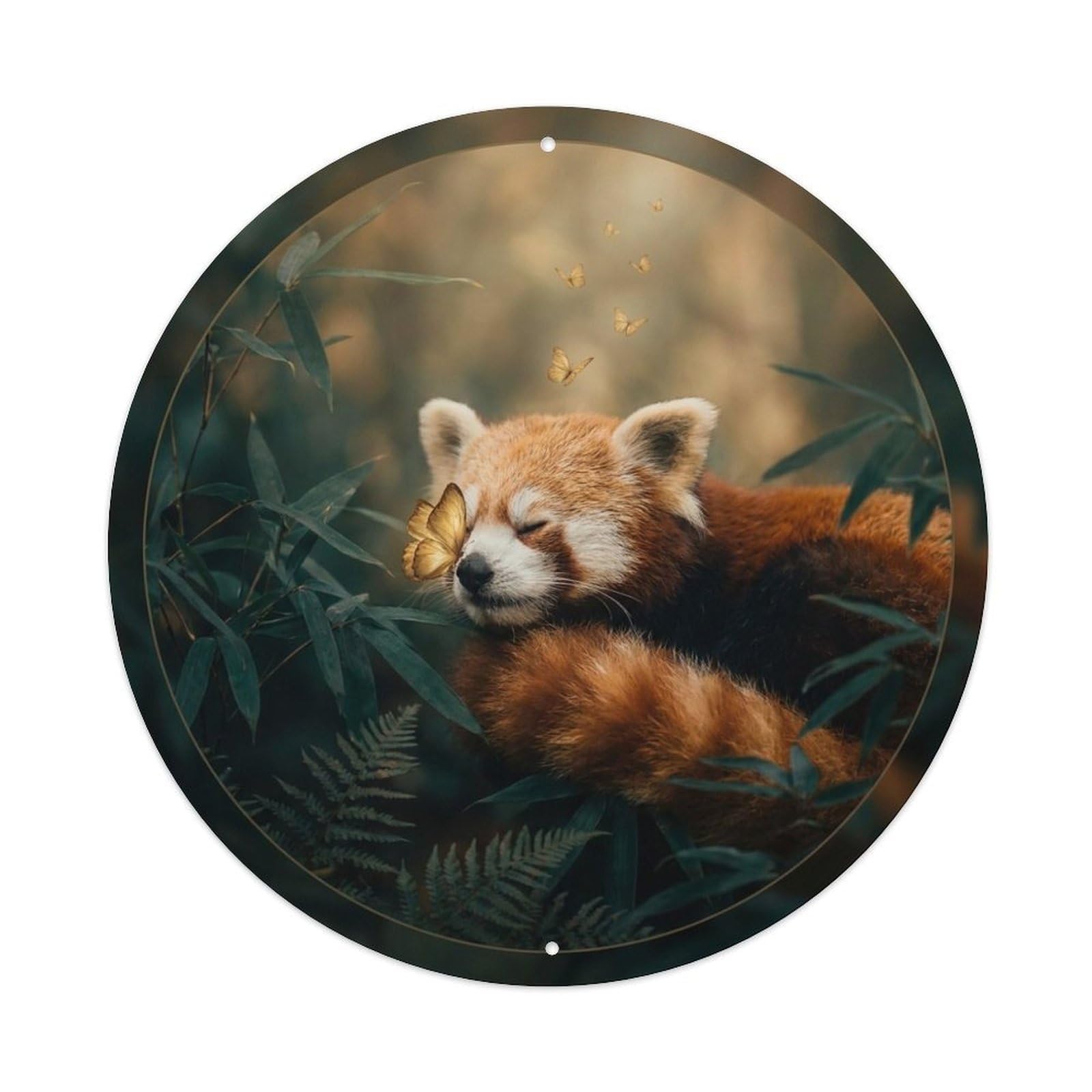 Golden Butterfly Red Panda Kawaii Wildlife Bamboo Dreamy Metal Tin Sign Plaque Wall Decor for Cafe, Man Cave, Club Bar, Office, Home Garden Round Metal Poster 8x8Inch
