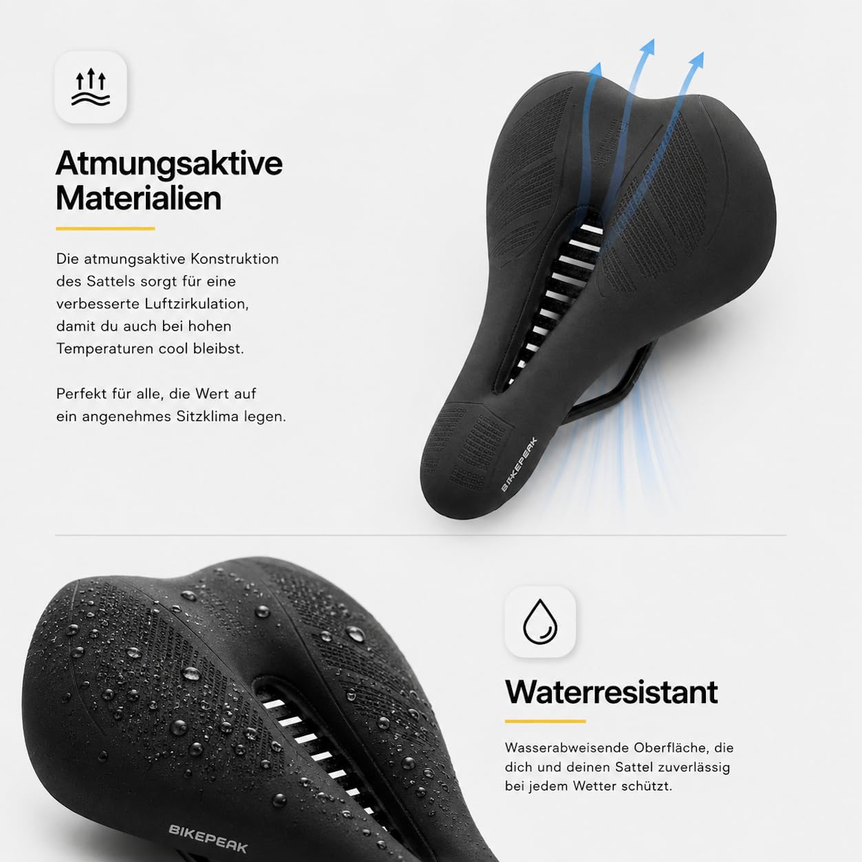 Fahrradsattel Damen & Herren - Bequem, Ergonomisch und Schmerzfrei - Atmungsaktiver Memory-Schaum Gel - Schwarz, Wasserabweisend - für City, Trekking oder MTB Fahrrad