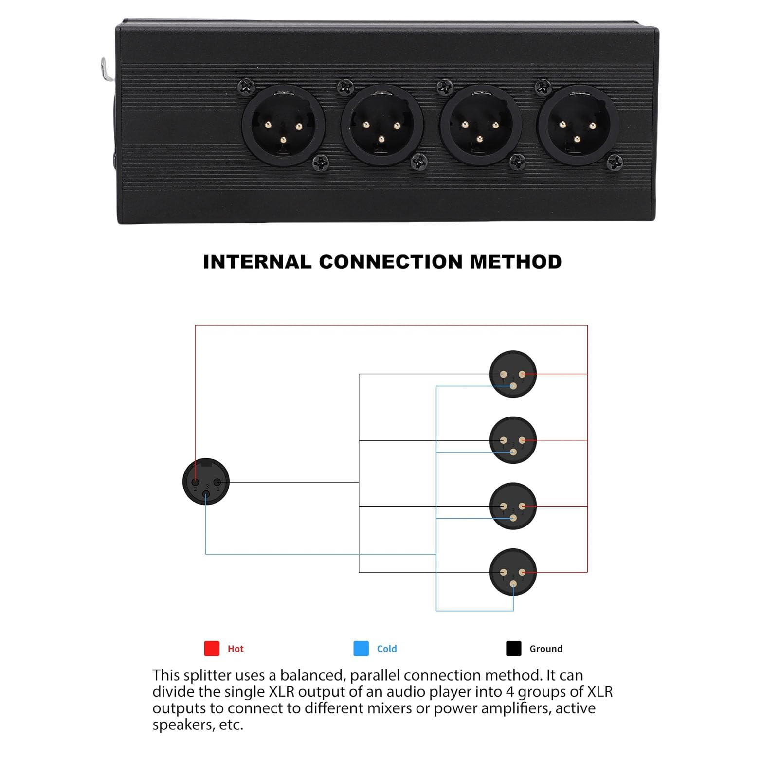 Boîtier Répartiteur XLR, Distributeur de Signal équilibré 1x4 XLR Femelle vers Mâle, Boîtier en Alliage D'aluminium et Contacts Plaqués or, pour Système de Sonorisation de