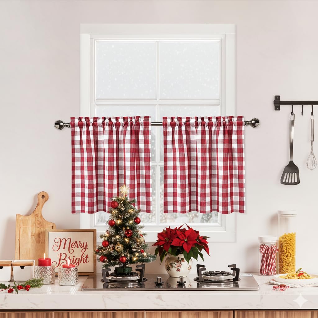 Bapawfish Christmas Red Burgundy Buffalo Plaid Check Tier Curtains 24 Inch
