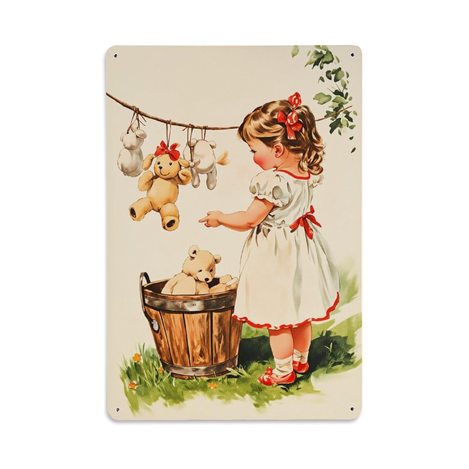 Child With Teddy Bears And Bucket Retro Metal Tin Sign, Vintage Decor Art Poster for Bar, Home, Man Cave, Kitchen, Laundry Room Gift 8x12Inch