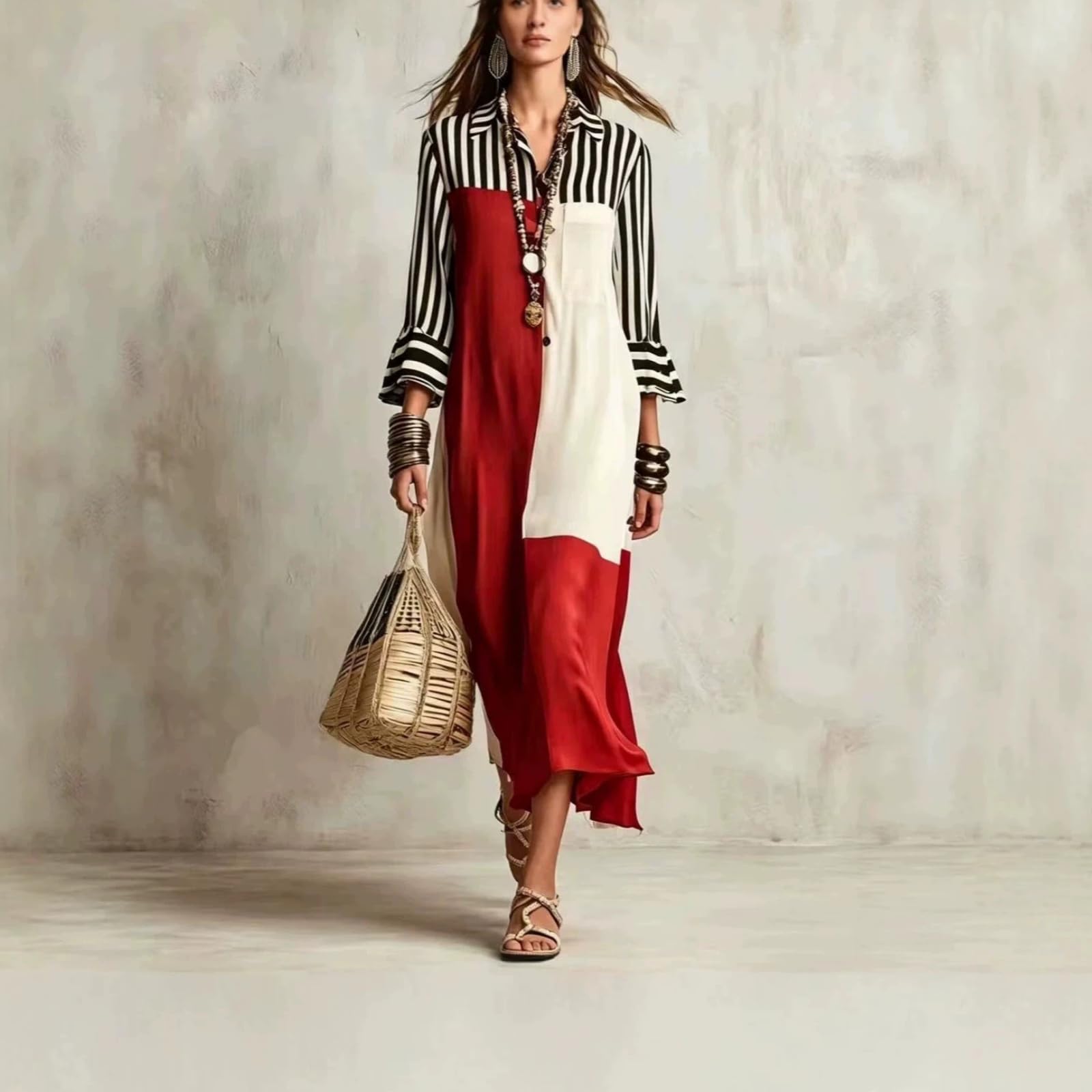 Vestido Camisa con Abertura, Bohemio Manga Larga