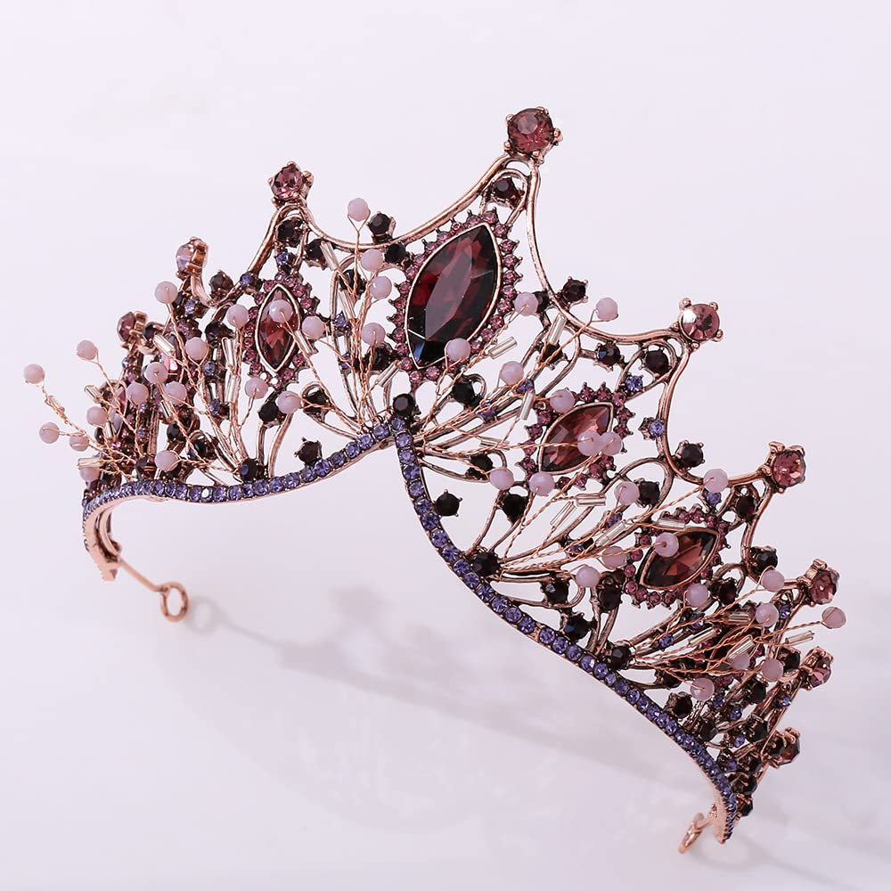 Corona Barocco, Tiara Corona Di Cristallo Con Strass, Diadema Con Strass per Matrimoni, Feste Da Ballo, Concorsi Bellezza, Feste Compleanno (Antico Rosso Rame Viola)