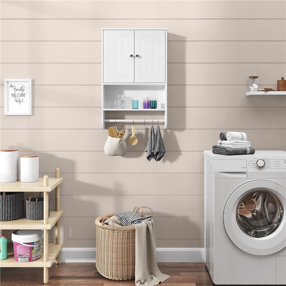 Yaheetech Armario Baño Pared Mueble Baño Colgar con Toallero Armario Colgante de Cocina con 2 Puertas 48,5x14x73cm Blanco Brillo